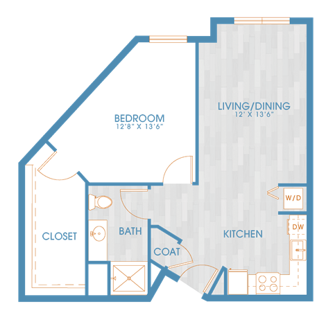 Floor plan for 1 bed, 1 bath, 692 sqft